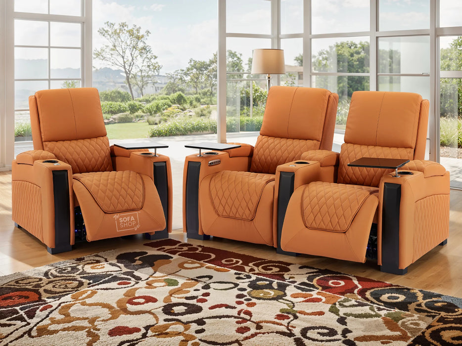 2+1 Seater Electric Recliner Sofa Set & Cinema Seats in Orange Real Leather With Led Cup Holders & USB & Tray Tables - Assisi