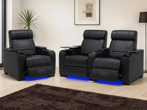 Real Leather 2+1 Sofa Set in Black | Electric Hi-Tech Cinema Suite With Power Recliner, Massage, USB & Table | Rimini | The Sofa Shop