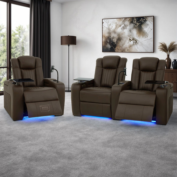 Real Leather 2+1 Electric Recliner Cinema Sofa Set in Dark Brown | 2 Piece Sofa Set with Massage, USB Ports, Cup Holders, Storage Boxes & Wireless Charger | Capri | The Sofa Shop