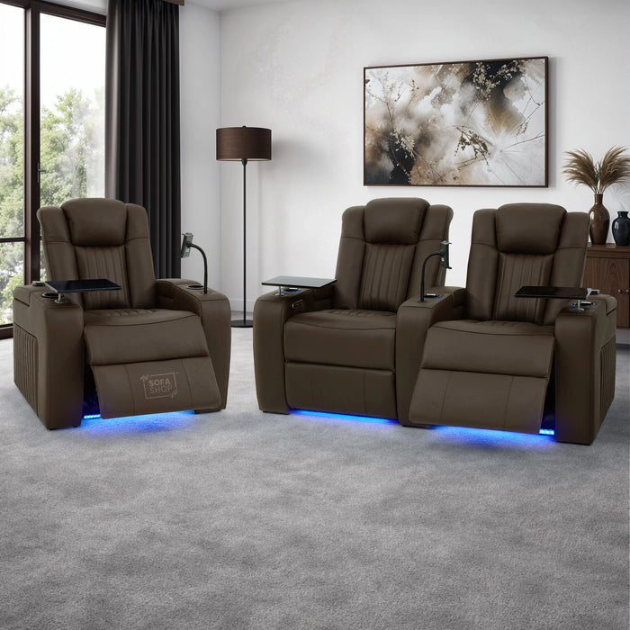 Real Leather 2+1 Electric Recliner Cinema Sofa Set in Dark Brown | 2 Piece Sofa Set with Massage, USB Ports, Cup Holders, Storage Boxes & Wireless Charger | Capri | The Sofa Shop