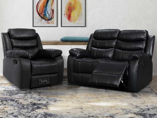 two piece suite of 2 seater recliner sofa and chair in black leather 