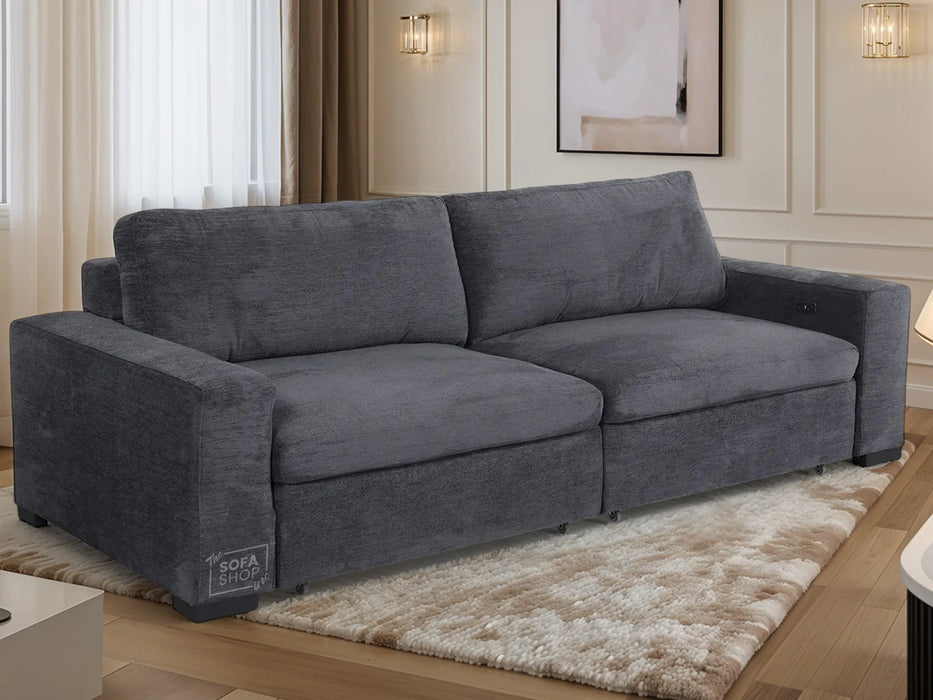 Extendable Electric Sofa - Bed in Grey Chenille Fabric | 3 Seater Hi-Tech Sliding Couch Perfect for Home Theatre Seating | USBc Charging Ports | Palma
