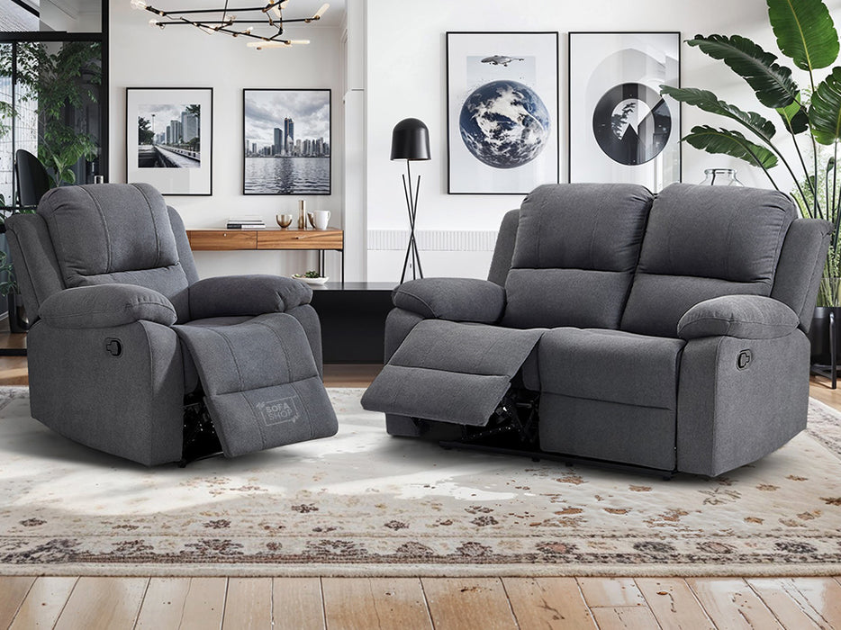 2+1 Recliner Sofa Set inc. Chair in Dark Grey Fabric - Trento