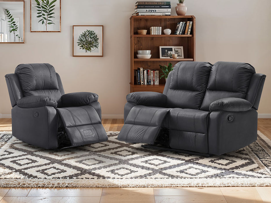 2+1 Recliner Sofa Set inc. Chair in Black Leather - Trento