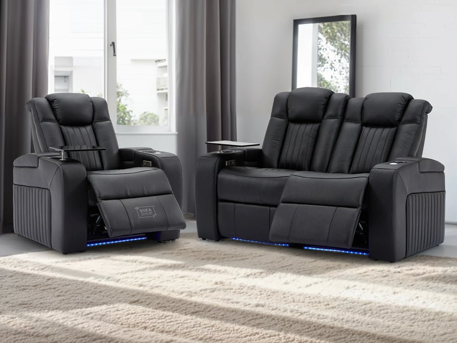 2+1 Electric Recliner Cinema Sofa Set in Black Real Leather with USB Ports, Cup Holders, Storage Boxes & Wireless Charger  - Capri