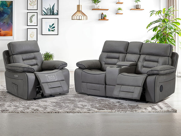 2+1 Electric Recliner Sofa Set inc. Cinema Seat in Grey Resilience Fabric. 2 Piece Cinema Sofa With LED Cup Holders & Massage & Storage - Tuscany