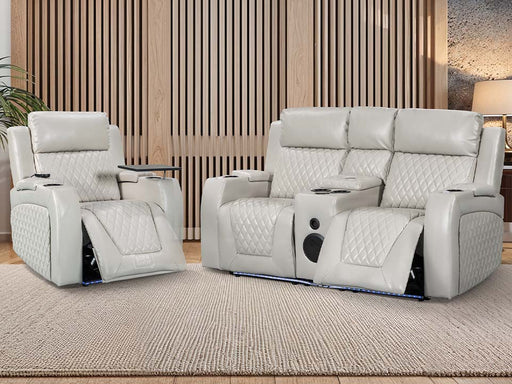 2+1 Electric Recliner Sofa Set inc. Cinema Seat in Light Beige Leather. 2 Piece Cinema Sofa with USB Ports, Massage & Wireless Charger - Venice Series One