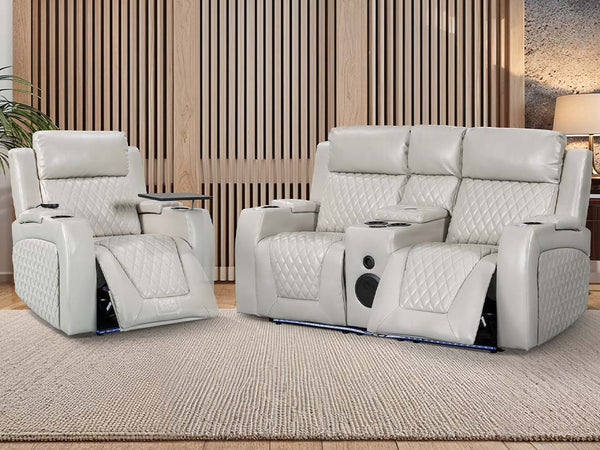 2+1 Electric Recliner Sofa Set inc. Cinema Seat in Cream Leather. 2 Piece Cinema Sofa with USB Ports, Massage & Wireless Charger - Venice Series One