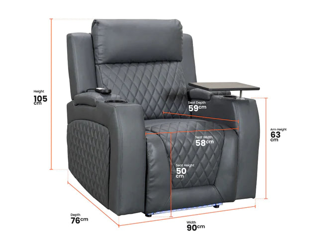 2+1 Electric Recliner Sofa Set inc. Cinema Seat in Grey Leather. 2 Piece Cinema Sofa with LED, Cup Holders, Storage, and Speakers - Venice Series One