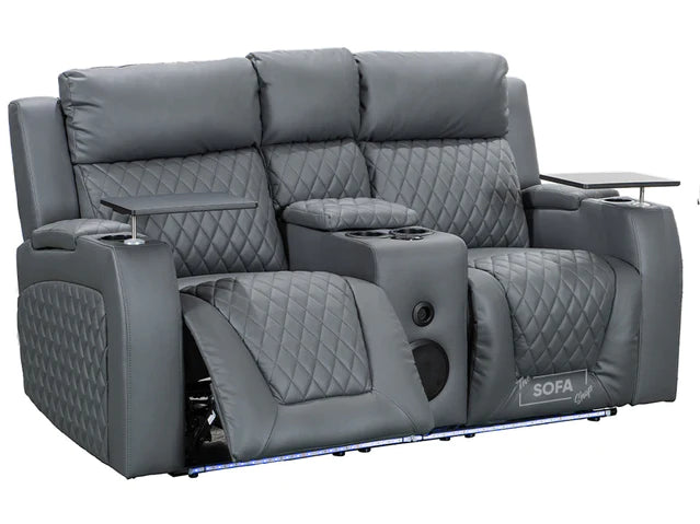2+1 Electric Recliner Sofa Set inc. Cinema Seat in Grey Leather. 2 Piece Cinema Sofa with LED, Cup Holders, Storage, and Speakers - Venice Series One