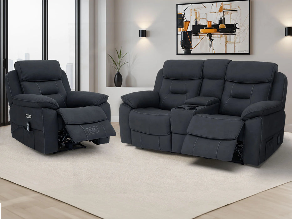 2+1 Electric Recliner Sofa Set in Charcoal Grey Fabric | 2 Piece Cinema Sofa Set | Massage, Heating, Storage, Power Headrest & Cup Holders | Florence