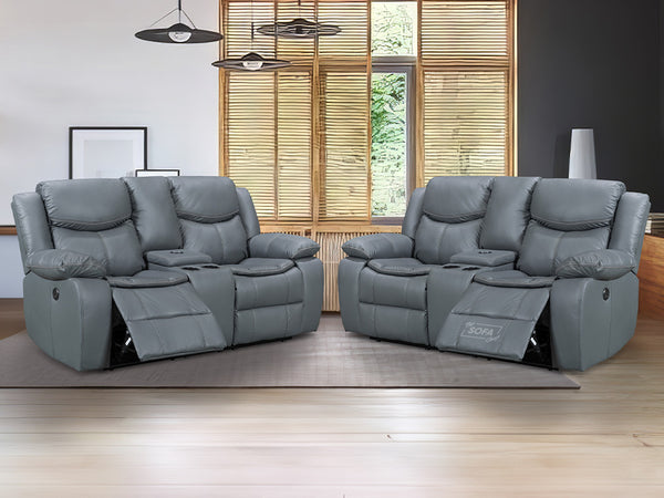 2+2 Electric Recliner Sofa Set - Grey Leather Sofa Package with  Console, Storage, Cup Holders & Wireless Charger - Highgate