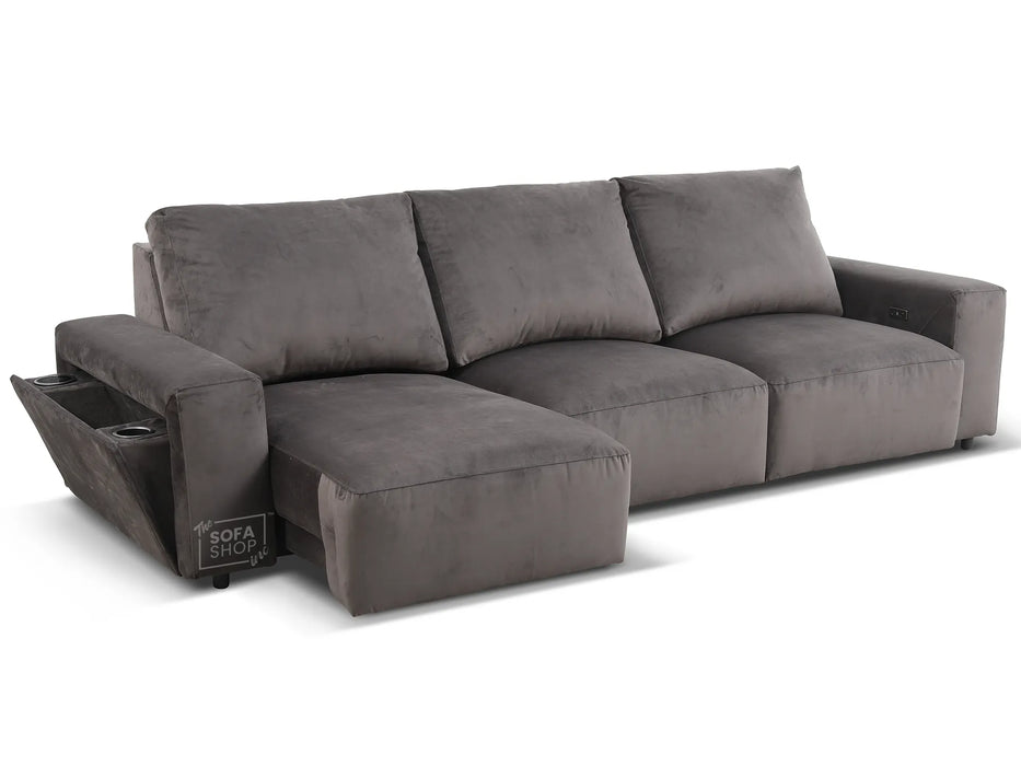 Extendable Electric Sofa - Bed in Grey Velvet Fabric | 3 Independant Power Motion Seats Perfect for Cinema Room & Home Theatre | 3 Seater with Cupholder + USBc & Wireless Charging | Almeria