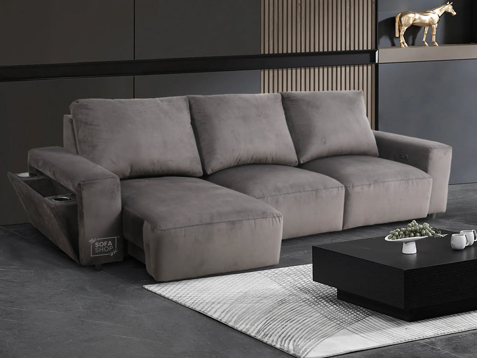 Extendable Electric Sofa - Bed in Grey Velvet Fabric | 3 Independant Power Motion Seats Perfect for Cinema Room & Home Theatre | 3 Seater with Cupholder + USBc & Wireless Charging | Almeria
