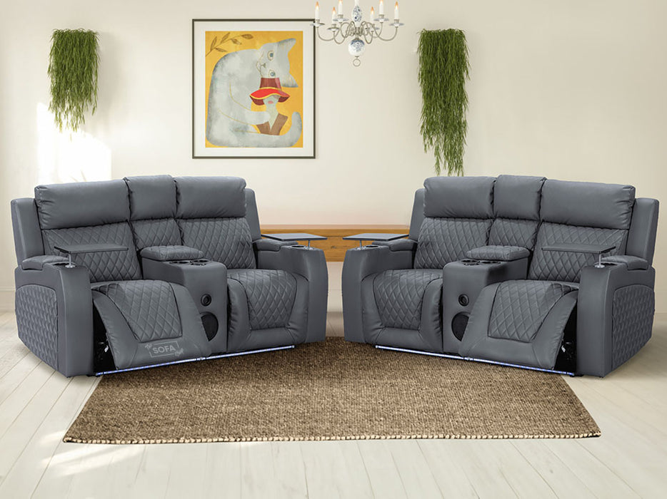 2+2 Grey Leather Cinema Sofa Set with Smart Electric Recliners, Speakers, Massage, Storage, and Wireless Charger - Venice Series One