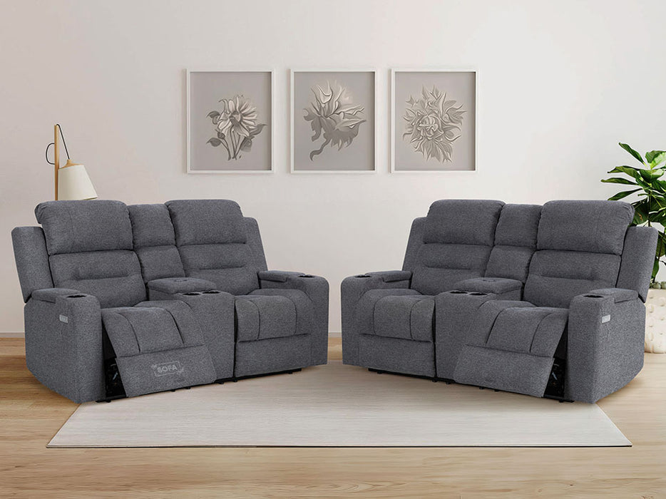 2+2 Seater Electric Recliner Sofa Set in Dark Grey Woven Fabric With Power Headrest, USB, Console & Cup Holders - Siena