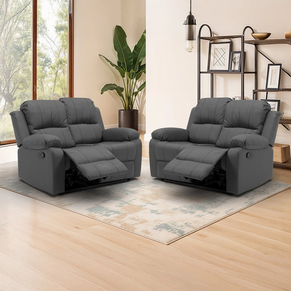 2+2 Recliner Sofa Set in Grey Leather | 2 Piece Sofa Set with Fully Reclining Seats, Easy to Clean Leather & Compact Design | Trento