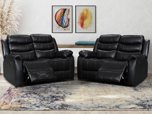 two piece suite leather sofas in Black with two seats reclined | The Sofa Shop