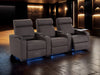 3 Seat Electric Recliner Home Cinema Theatre Sofa | Fabric Couch in Grey + Chilled Cupholders + Console + Table + Power + USB + LED Lights| Rimini | The Sofa Shop