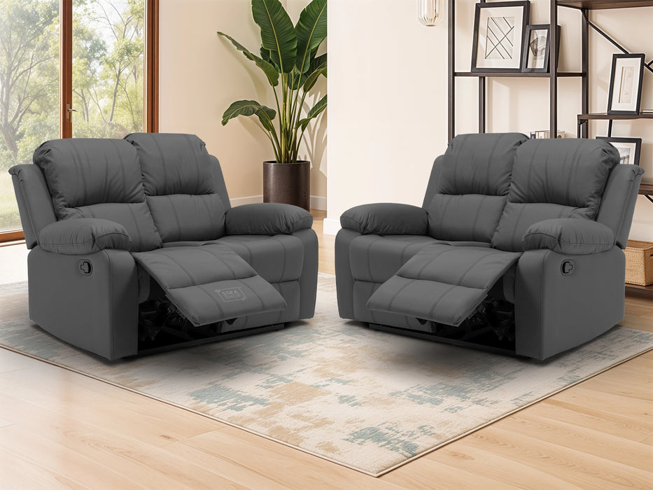 2+2 Recliner Sofa Set in Grey Leather | 2 Piece Sofa Set with Fully Reclining Seats, Easy to Clean Leather & Compact Design | Trento