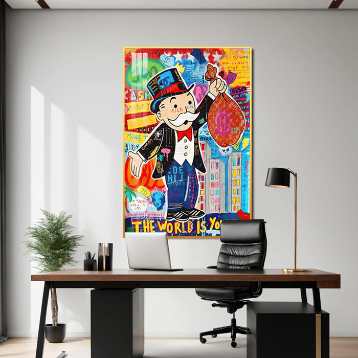 Monopoly Man LED Canvas | The World Is Yours | 100×150 cm LED-Illuminated Crystal-Porcelain Painting, Gold/Black Frame | The Sofa Shop