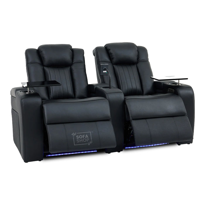 Real Leather 2+1 Electric Recliner Cinema Sofa Set in Black | 2 Piece Sofa Set with Massage, USB Ports, Cup Holders, Storage Boxes & Wireless Charger | Capri | The Sofa Shop