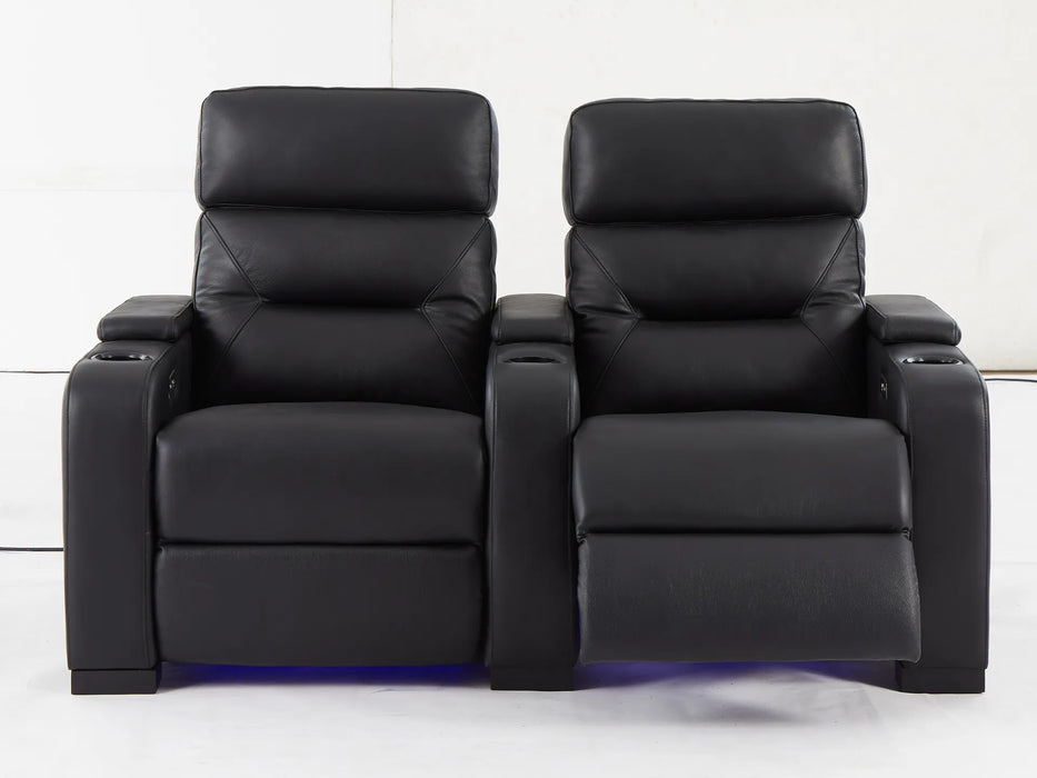 2 Seat Electric Recliner Home Cinema Theatre Sofa | Real Leather Couch In Black + LED Lights + LED Cupholders + Storage - Trapani - 26