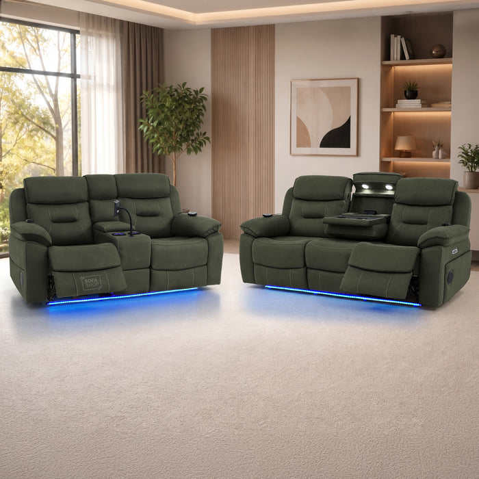 3+2 Piece Electric Home Cinema Sofa Set | Fabric Couch Suite In Green | Hi-Tech Sofa Set With Vibration Massage+ Heated Lumbar + Power Grommets +Bluetooth Speakers & Multi-Link | Florence | The Sofa Shop
