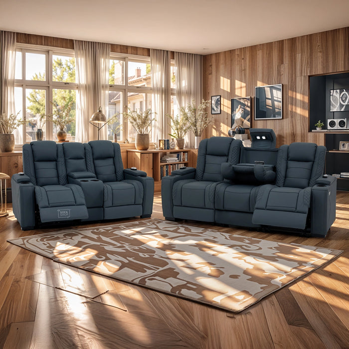 3+2 Cinema Sofa Set in Blue Genuine Leather with Massage, Drop-Down Table, Cup Holders, LED Reading Light, Power Recliner, USB Ports, Socket Set & Storage | Blue Leather | Napoli | The Sofa Shop