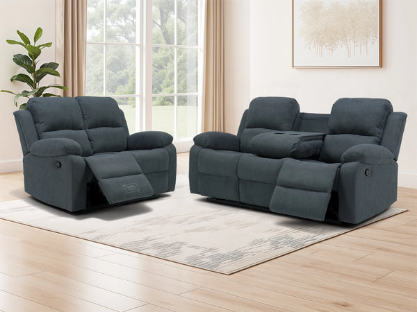 3 2 Recliner Sofa Set. 2 Piece Recliner Sofa Package Suite in Dark Grey Fabric with Drop-Down Table & Drink Holders | Everyday Comfort for Modern Homes | Trento