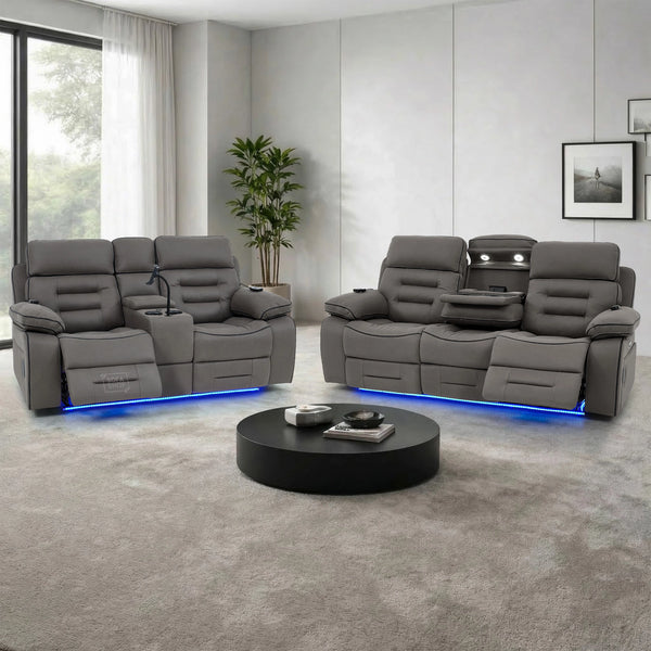 3+2 Fabric Recliner Sofas | Grey Electric Home Cinema Suite with Massage, Heat, Bluetooth Speakers, Cooling Cupholders, Wireless Charging & Power Headrests | Tuscany | The Sofa Shop