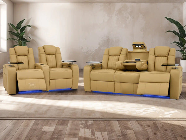 Real Leather 3+2 Smart Recliner Sofa Set in Tan | Power Reclining Sofa Suite with Drop-Down Table, Console, Massage, USB & LED | Capri | The Sofa Shop