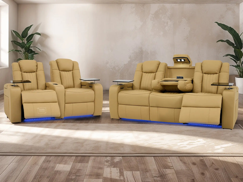 Real Leather 3+2 Smart Recliner Sofa Set in Tan | Power Reclining Sofa Suite with Drop-Down Table, Console, Massage, USB & LED | Capri | The Sofa Shop