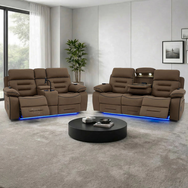 3+2 Electric Recliner Cinema Sofa Set in Mocha Brown Fabric | Hi-Tech Sofa Suite with Massage, Heat, Bluetooth Speakers, Wireless Charging & Cooling Cupholders | Tuscany | The Sofa Shop