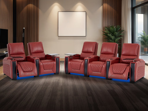 3+2 Recliner Home Cinema Sofa Suite | Genuine Leather Electric Set in Red + Tables + Power Lumber Support + LED + USB | Assisi | The Sofa Shop