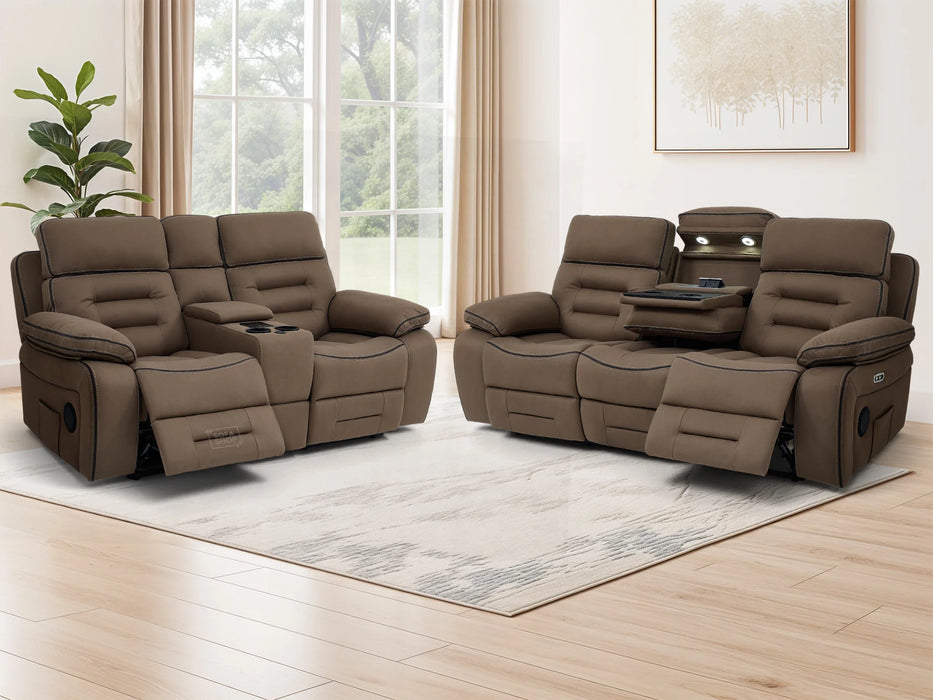 3+2 Sofa Set. Electric Cinema Sofa Suite in Brown Fabric | Hi-Tech Sofa Set with Cup Holders + Console + Power + USB + Speakers | Tuscany | The Sofa Shop