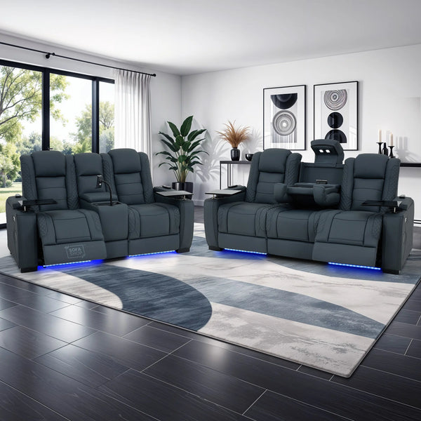 3+2 Cinema Sofa Set in Blue Genuine Leather with Massage, Heating, Drop-Down Table, Cup Holders, LED Reading Light, Wireless Charging, Power Recliner, USB Ports, Socket Set & Storage | Blue Leather | Napoli