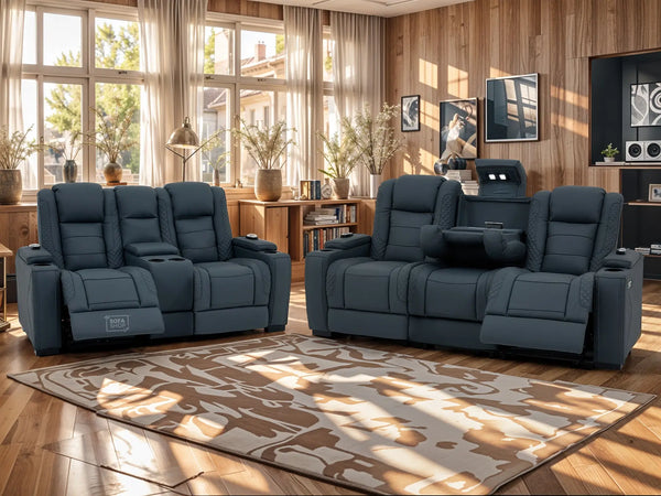 3+2 Cinema Sofa Set in Blue Genuine Leather with Massage, Drop-Down Table, Cup Holders, LED Reading Light, Power Recliner, USB Ports, Socket Set & Storage | Blue Leather | Napoli | The Sofa Shop