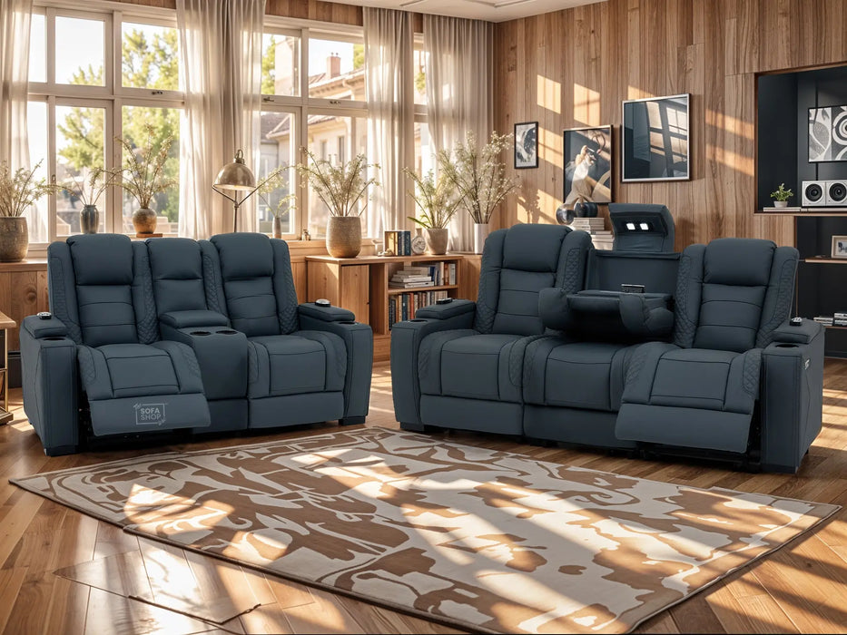 3+2 Cinema Sofa Set in Blue Genuine Leather with Massage, Drop-Down Table, Cup Holders, LED Reading Light, Power Recliner, USB Ports, Socket Set & Storage | Blue Leather | Napoli | The Sofa Shop