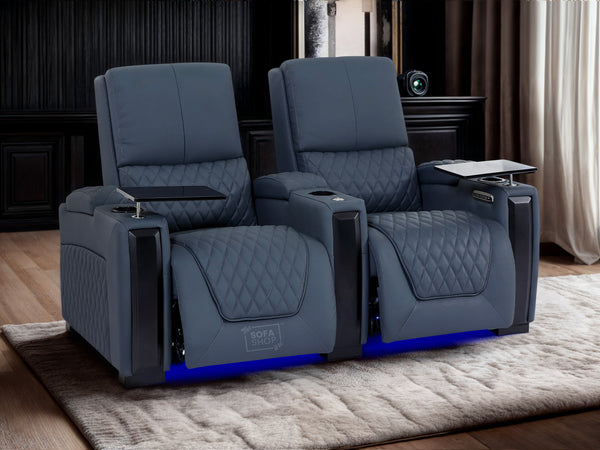 2 Seat Electric Recliner Home Cinema Theatre Sofa | Genuine Leather Couch | Blue Leather + Detachable Swivel Trays + Premium Cup Holders | Assisi | The Sofa Shop