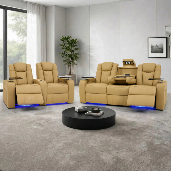 Real Leather 3+2 Smart Recliner Cinema Sofa Set in Tan | Power Reclining Sofa Suite with Drop-Down Table, Heating, Console, Massage, USB & LED | Capri