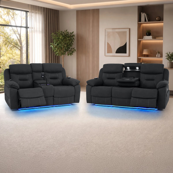 3+2 Piece Electric Home Cinema Sofa Set | Fabric Couch Suite In Charcoal Grey | Hi-Tech Sofa Set With Vibration Massage+ Heated Lumbar + Power Grommets +Bluetooth Speakers & Multi-Link | Florence | The Sofa Shop
