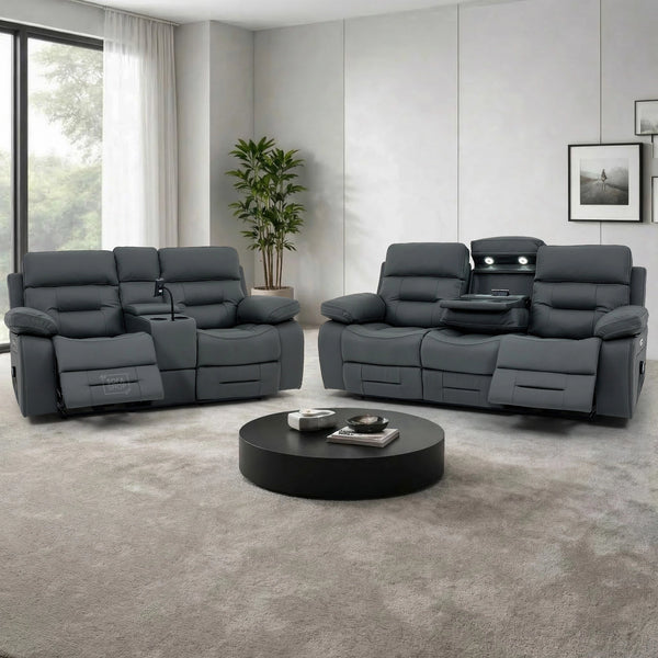 3+2 Grey Top-Grain Leather Electric Recliner Cinema Sofa | Adjustable Headrests, Massage,  USB-C, Fold-Down Table & Storage | Sicily | The Sofa Shop