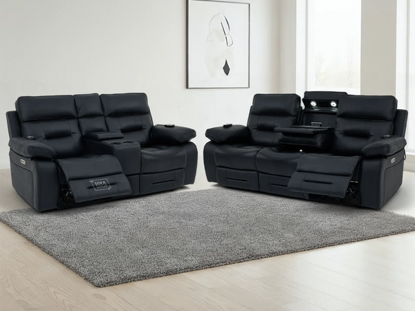 3+2 Electric Recliner Sofa Set in Black Real Leather | Hi-Tech Cinema Package with Massage, Drop-Down Table, Power Headrest, Power Recliner, Storage Drawer, USB & Wireless Charging | Sicily