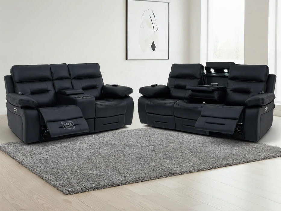 3+2 Electric Recliner Sofa Set in Black Real Leather | Hi-Tech Cinema Package with Massage, Drop-Down Table, Power Headrest, Power Recliner, Storage Drawer, USB & Wireless Charging | Sicily