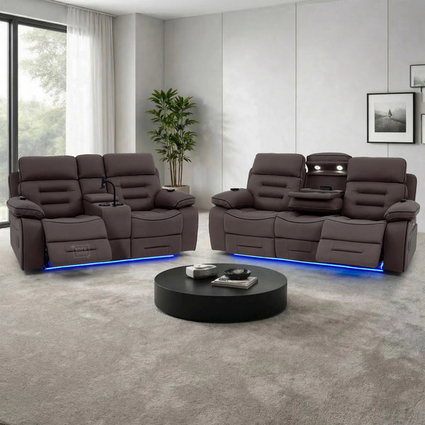 3+2  Electric Recliner Cinema Sofa Set in Dark Brown Fabric | Hi-Tech Sofa Suite with Massage, Heat, Bluetooth Speakers, Console & Wireless Charging | Tuscany | The Sofa Shop