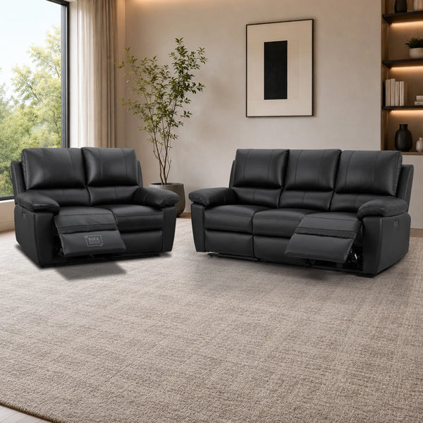 3+2 Electric Recliner Sofa Set In Black Real Leather | Recliner Sofa Package With Power Recline + Drop-Down Table + Cup Holders + USB-C Charging | Trento | The Sofa Shop