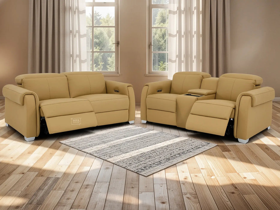 3+2 Real Leather Electric Recliner Sofa Set In Tan | Hi-Tech Sofa Set with Massage, Console, USB Ports, Power Headrest, Wireless Charger & Storage Box | Turin