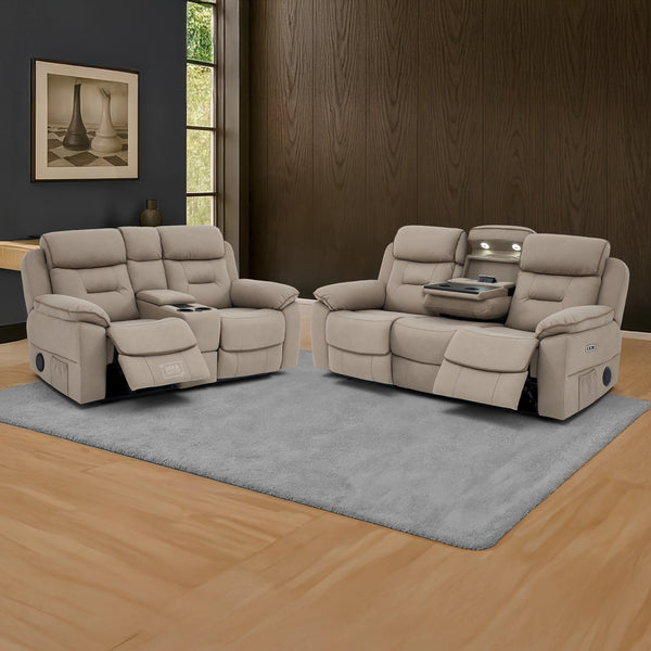 3+2 Piece Electric Home Cinema Sofa Set | Fabric Couch Suite In Beige | Hi-Tech Sofa Set With Massage + Console + Power Grommet + Table + Reading Lamps | Florence