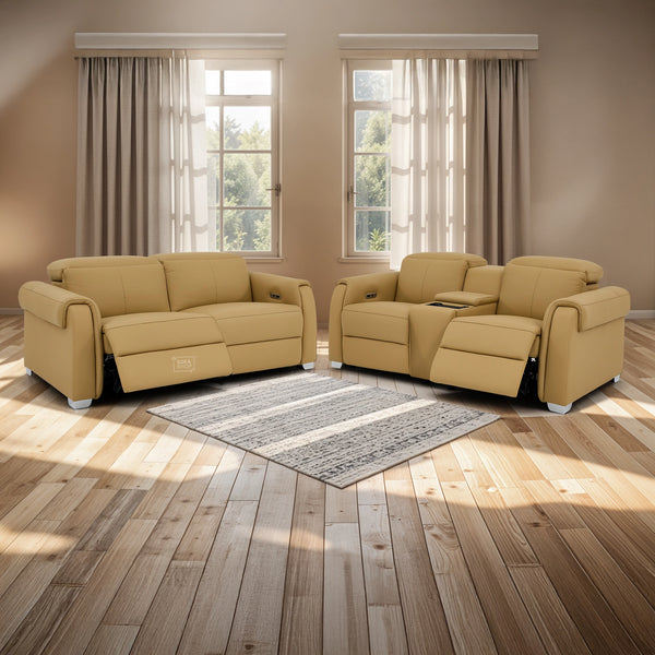 3+2 Real Leather Electric Recliner Sofa Set In Tan | Hi-Tech Sofa Set with Massage, Console, USB Ports, Power Headrest, Wireless Charger & Storage Box | Turin
